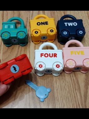 Kids Unlock Train Team Lock & Key Montessori Toys, Set of 6 + 1 Key (Fits All)